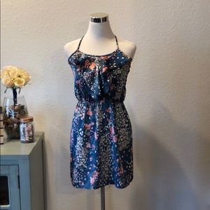Blue dress with pink flowers, ruffle neck & tie